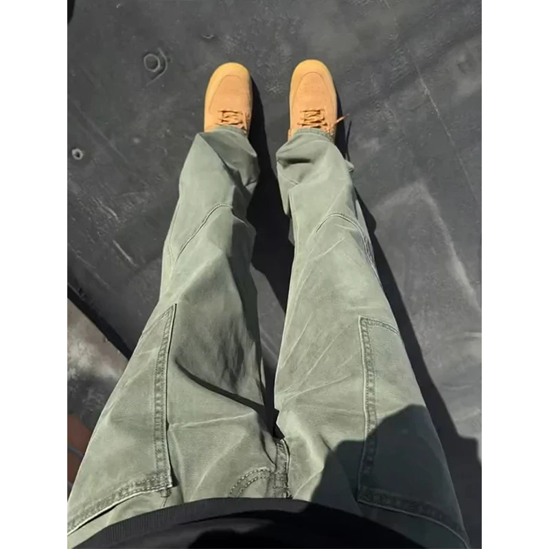 美式弯刀工装裤男款春季直筒显瘦伐木裤vintage水洗做旧微喇长裤