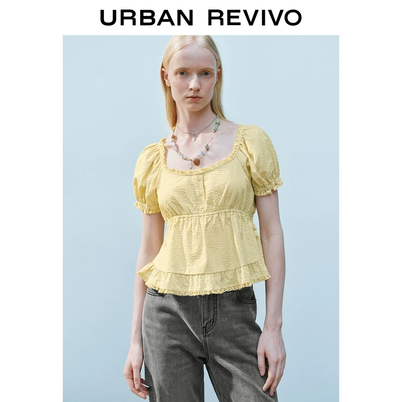 UR2025夏季新款女撞色格纹拼接花边泡泡袖罩衫衬衫UYY250033