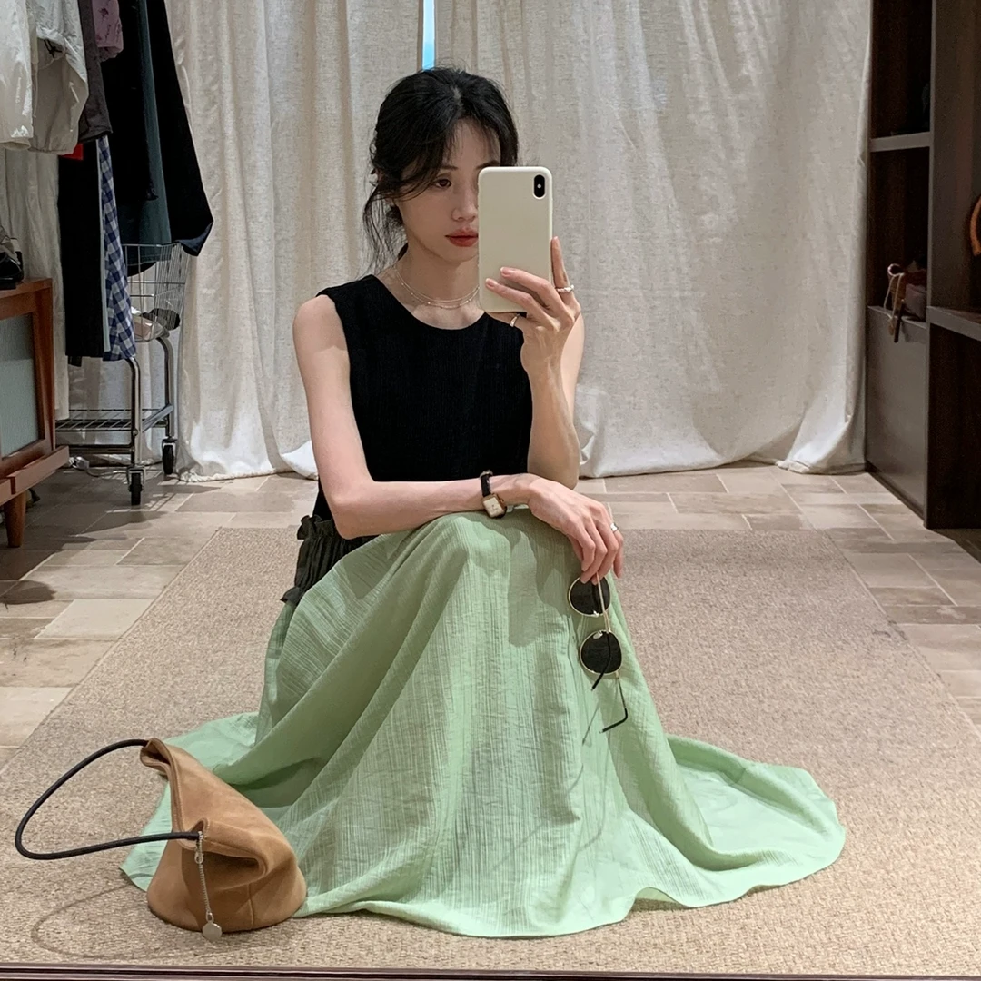 【苹果绿色拼接蕾丝连衣裙】女2025夏新高级感小众裙子