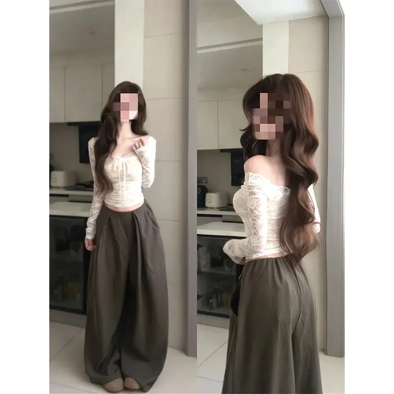 辣妹v领蕾丝衫女秋冬长袖内搭打底御姐性感紧身短款上衣宽松裤子