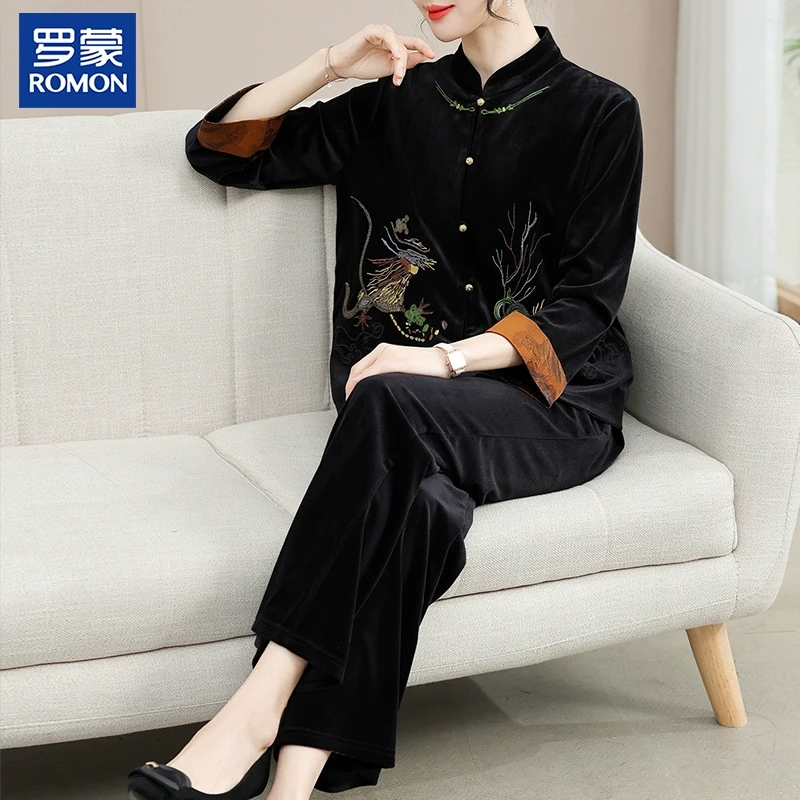 罗蒙气质妈妈春装金丝绒套装2025新款中老年女装绣花新中式两件套