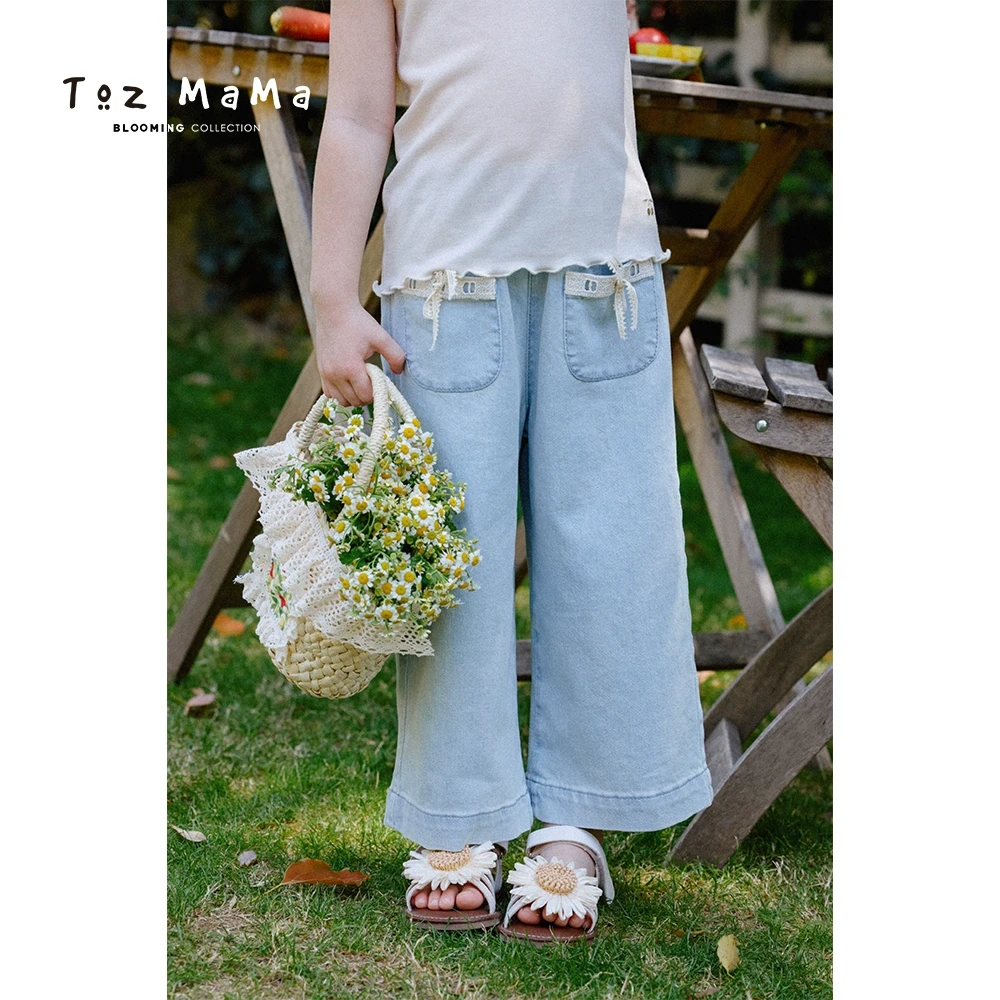 Toz Girls豆几妈4/23设计感花边蝴蝶结牛仔裤女童夏季休闲九分裤