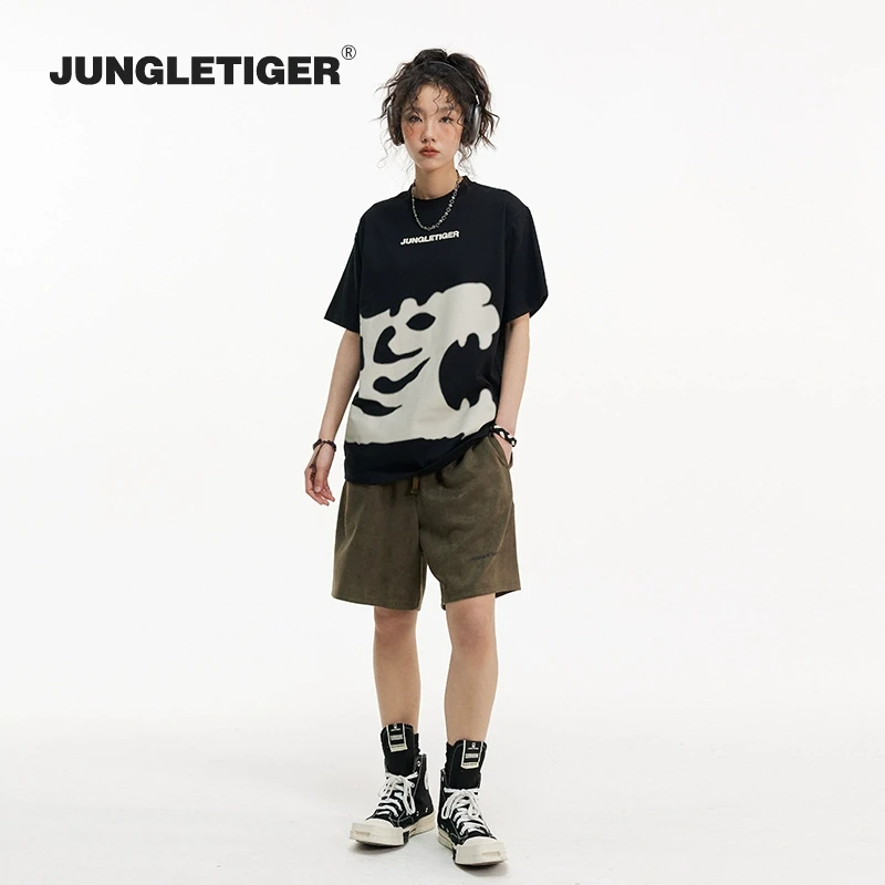 丛林老虎新款虎头发泡印花T恤男街头设计感小众250g重磅纯棉短袖