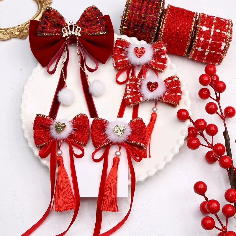 新年儿童发饰diy材料金边红色小香风织带丝带女童蝴蝶结发夹制作