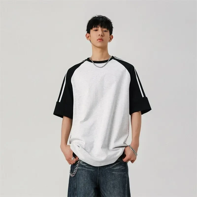 三条杠拼接撞色重磅纯棉短袖T恤男夏季hiphop美式潮牌宽松五分袖