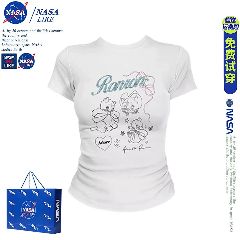 NASA甜辣妹t恤女夏季新款卡通可爱印花正肩短袖修身显瘦收腰上衣