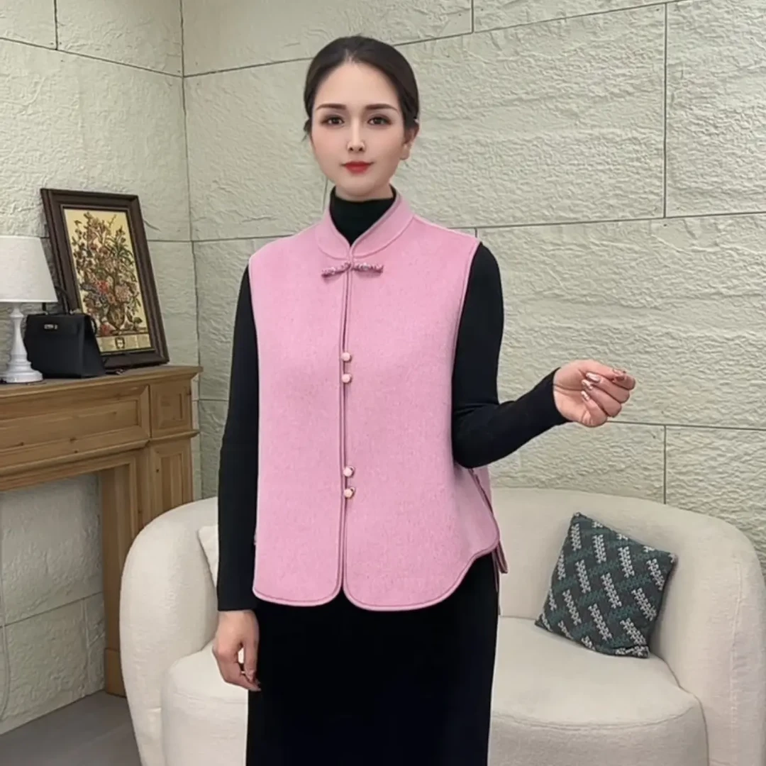 新中式立领盘扣双面羊毛女士秋冬外搭马甲外套