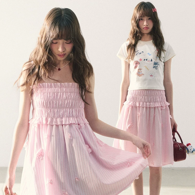 罐头士多所 多种穿法 粉色少女感立体小花朵吊带裙