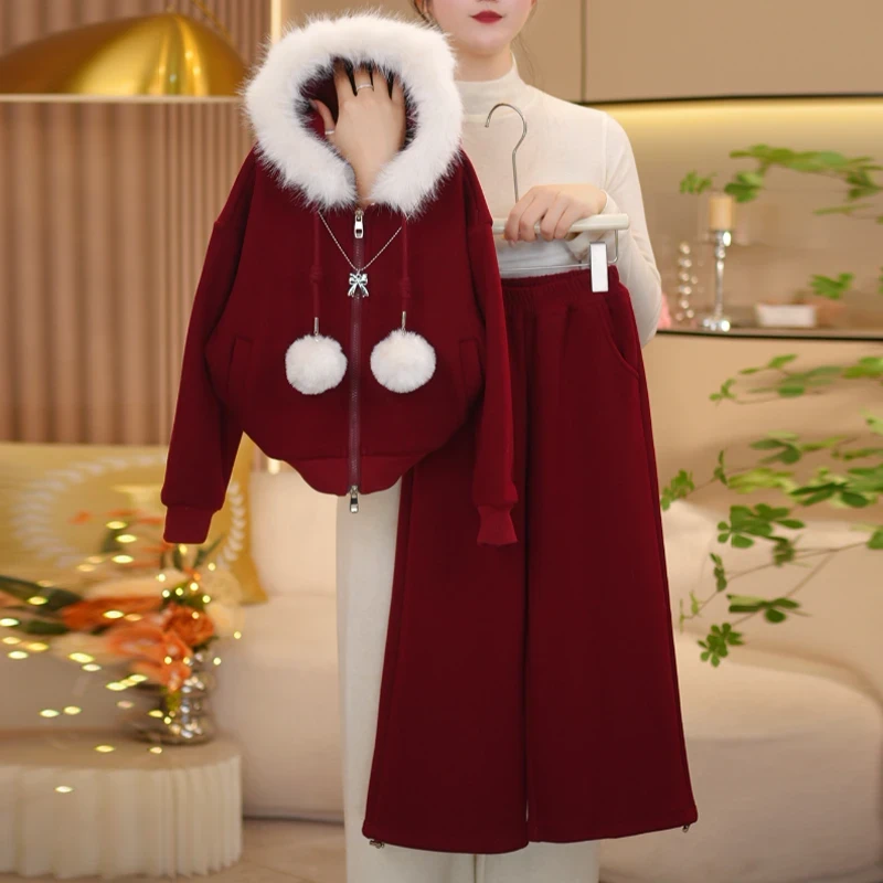 女童夹棉外套卫裤套装2025新款秋冬季加厚一体绒卫衣阔腿裤两件套