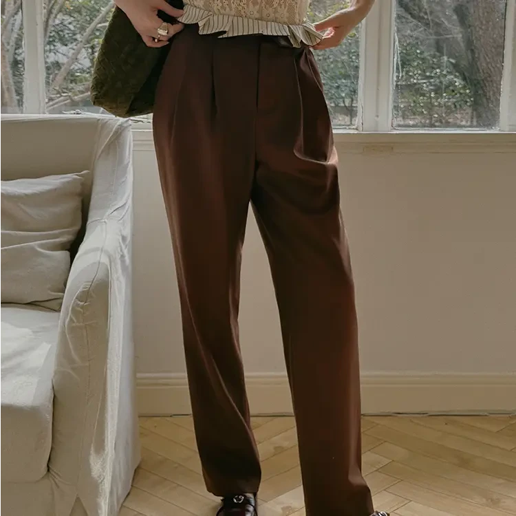TOPCLOSET 法式复古两穿斜纹精仿羊毛撞色条纹翻折腰长裤T25E6984