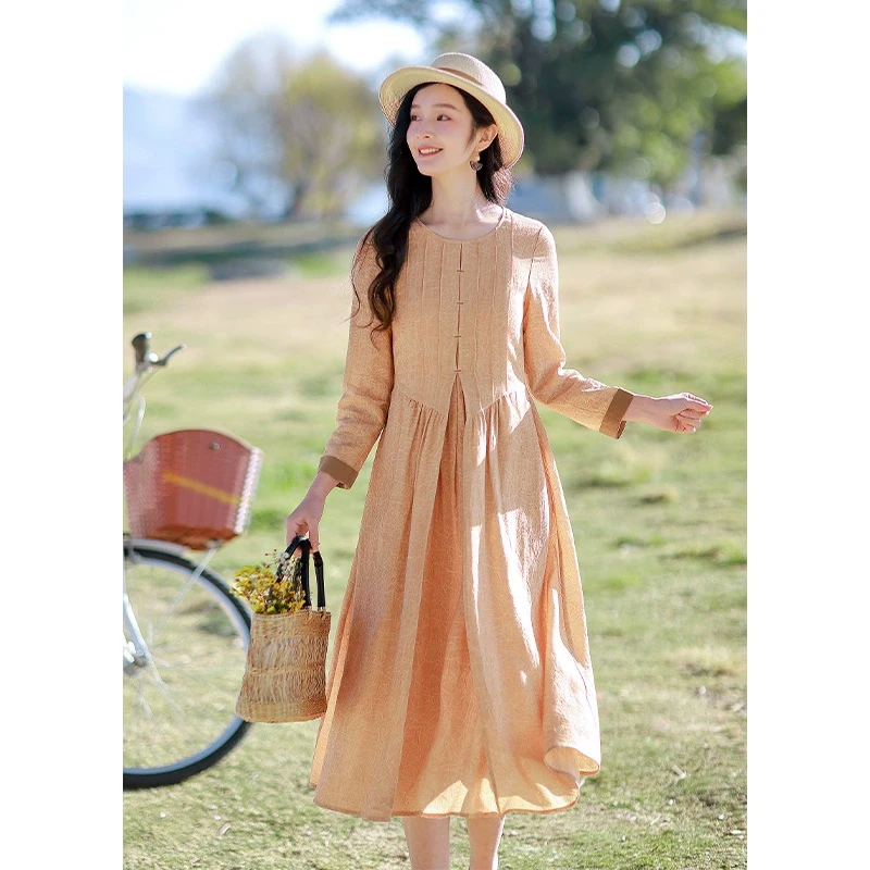 红念文艺橘色连衣裙女收腰显瘦气质春装2025年新款天丝亚麻长裙子