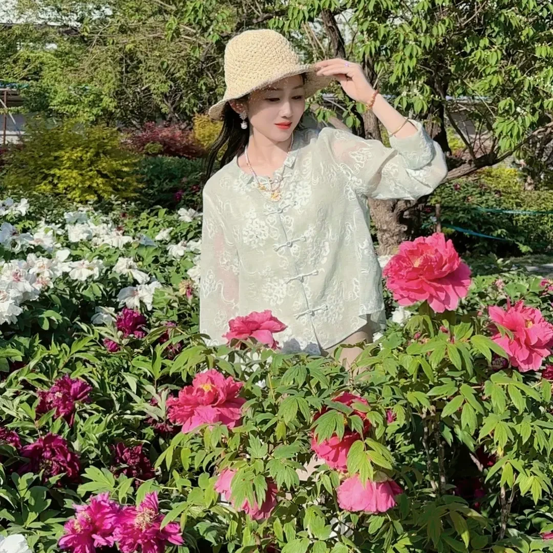 【天丝亚麻】夏季新中式国风时尚盘扣气质温柔绣花防晒薄款立领衬衣