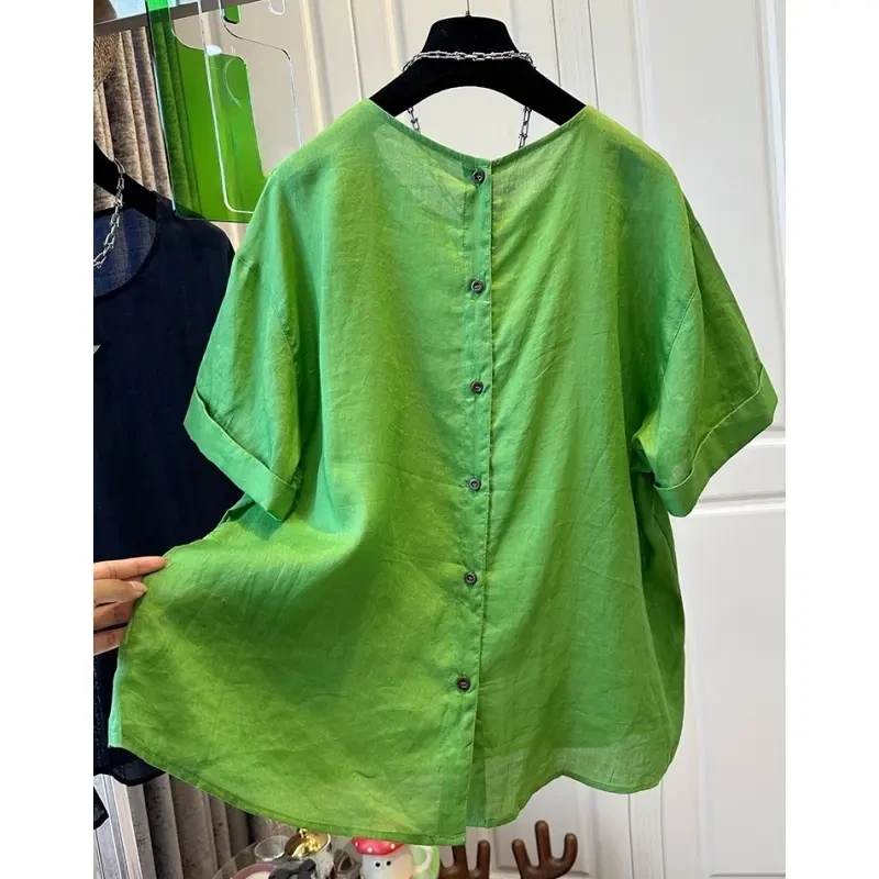 老钱风圆领显瘦短袖T恤女上衣减龄宽松纯色时尚百搭小衫夏季2025