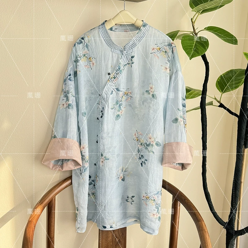 【浅草】夏季国风印花苎麻斜襟设计款中长款上衣袍子52288