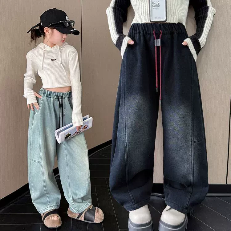 女童秋冬加绒牛仔裤儿童一体绒直筒阔腿裤中大童女孩冬装加厚裤子