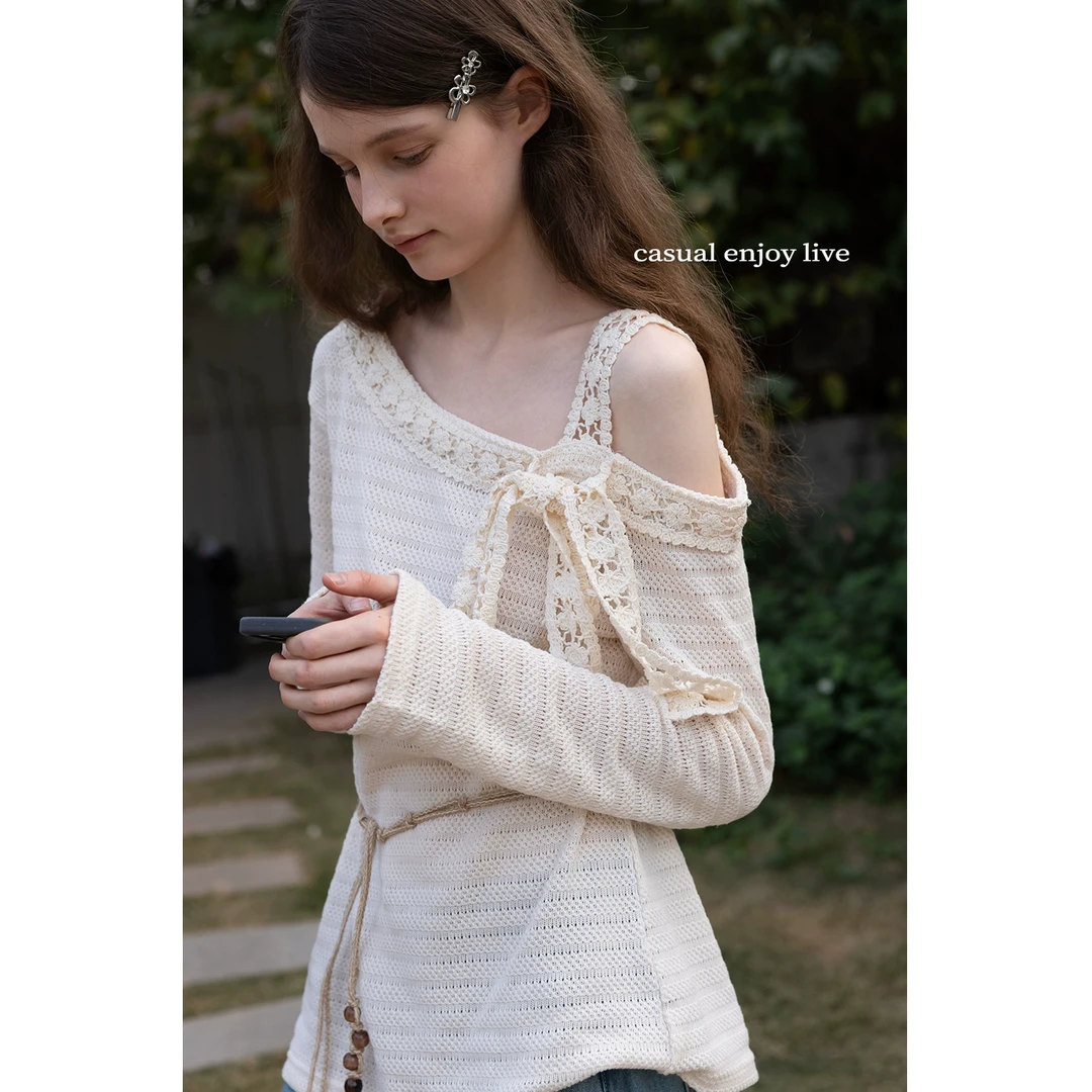 EGGKA 拼蕾丝蝴蝶结斜肩上衣女春季气质宽松配腰绳T恤 E24A3573AF