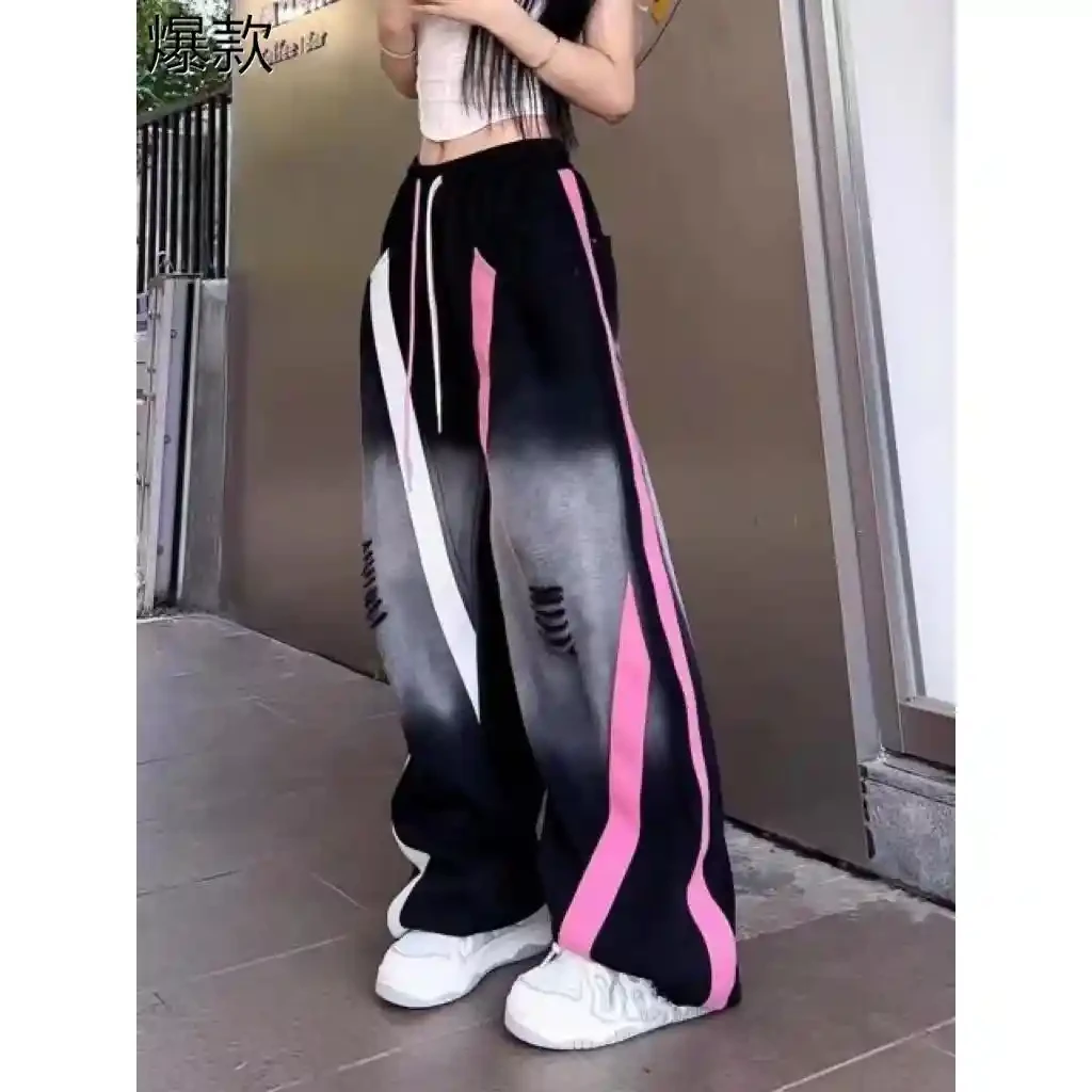 美式复古破洞休闲卫裤女春秋薄款高街运动裤窄版抽绳直筒阔腿长裤