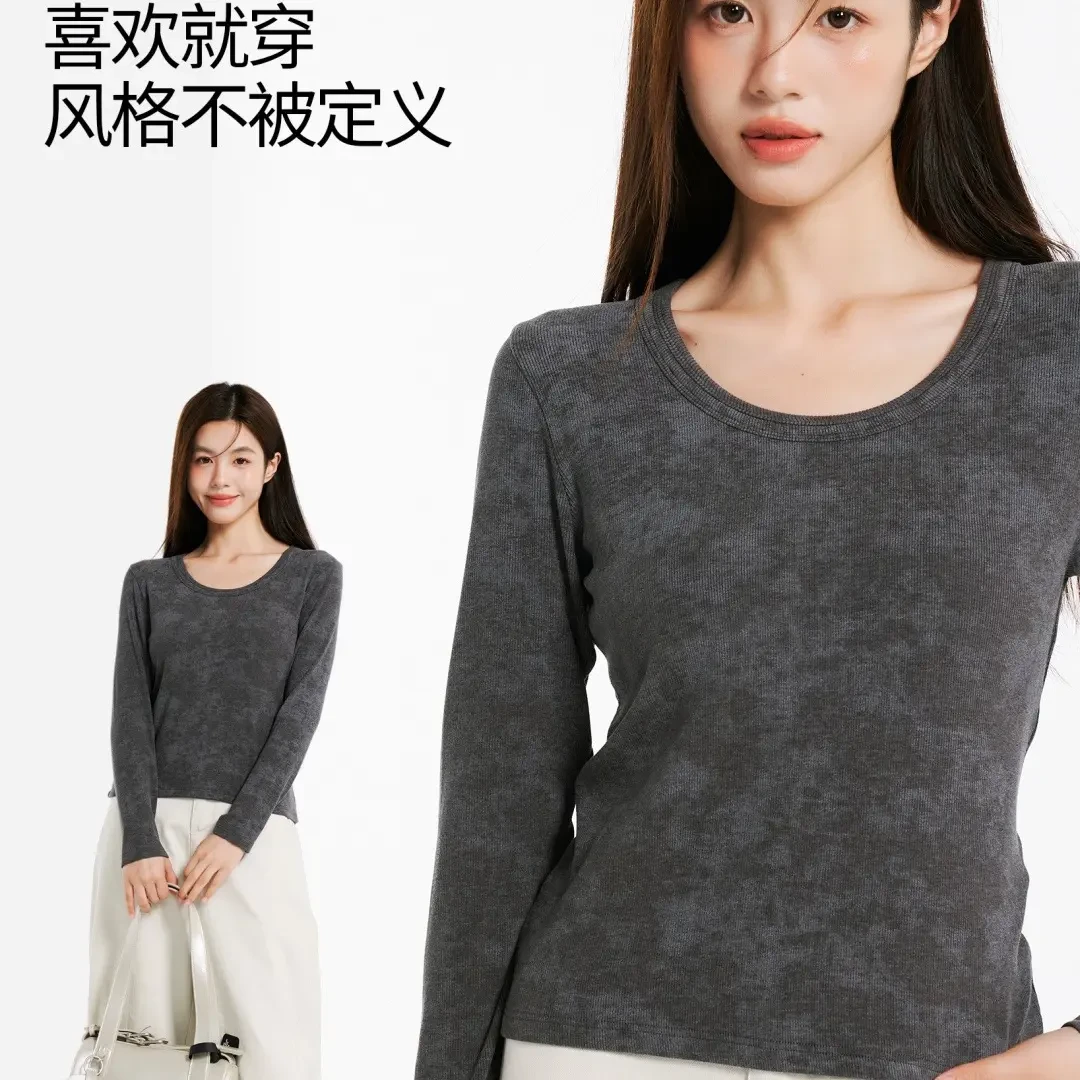 美娜舒丹-色柚-女士秋冬新款法式方领加厚扎染修身长袖-3056