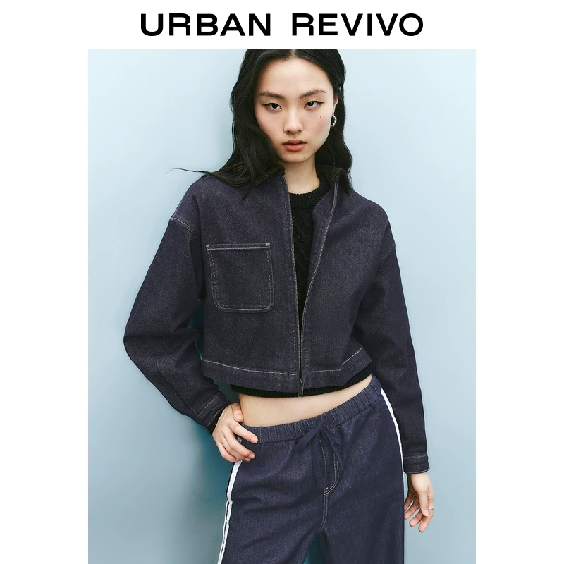 UR2025春季新款女装欧若风复古拼接翻领水洗牛仔外套UYY850034
