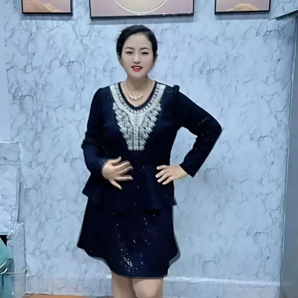 挂脖优雅风大码连衣裙冬季拼接中长裙成人高腰长袖