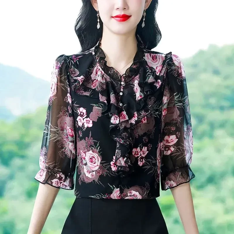 碎花雪纺衬衫女士春夏2025年新款短袖妈妈洋气上衣小衫长袖衬衣