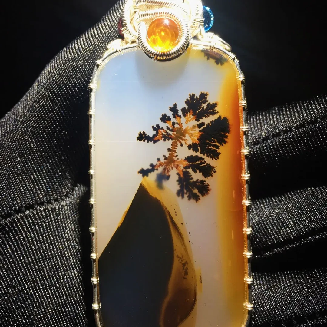 海洋玉髓迎客松水草花精美挂件饰品