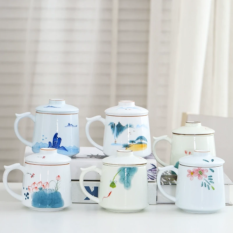 手绘釉下彩办公会客茶杯防烫带把泡茶杯茶水分离个人专用陶瓷水杯