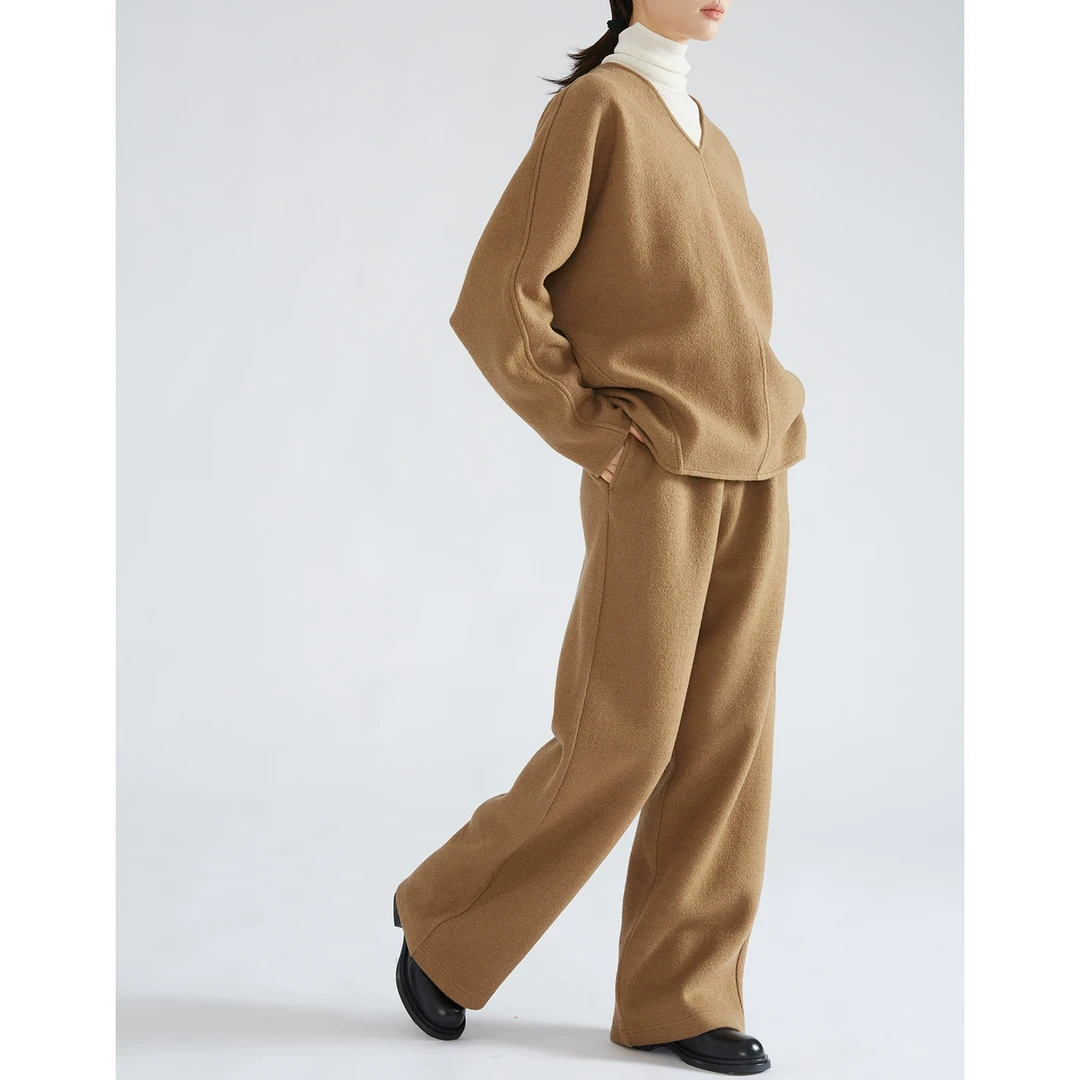 松驰感绵羊毛毛呢长袖V领上衣阔腿长裤套装休闲宽松两件套 SYD233