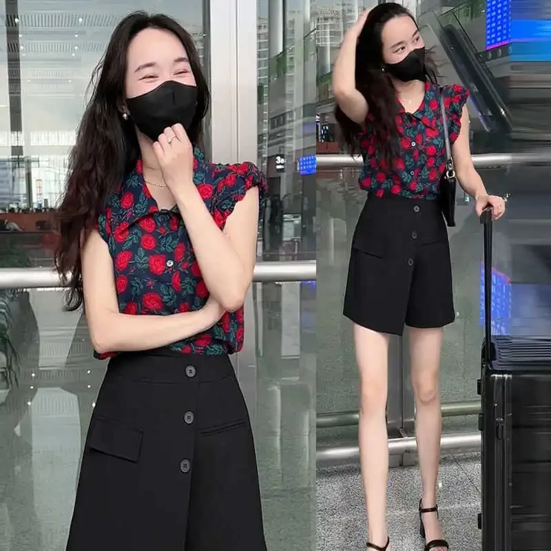 时尚套装女2024夏季今年流行洋气碎花雪纺衬衫高腰裤裙气质两件套