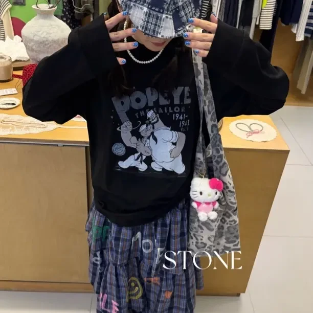 卡通大力水手印花圆领长袖T恤女宽松百搭秋季打底