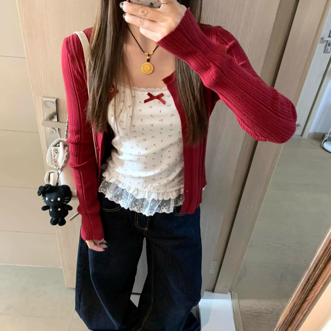 开春穿搭红色修身针织衫女2025春季新款辣妹百搭外穿开衫上衣外套