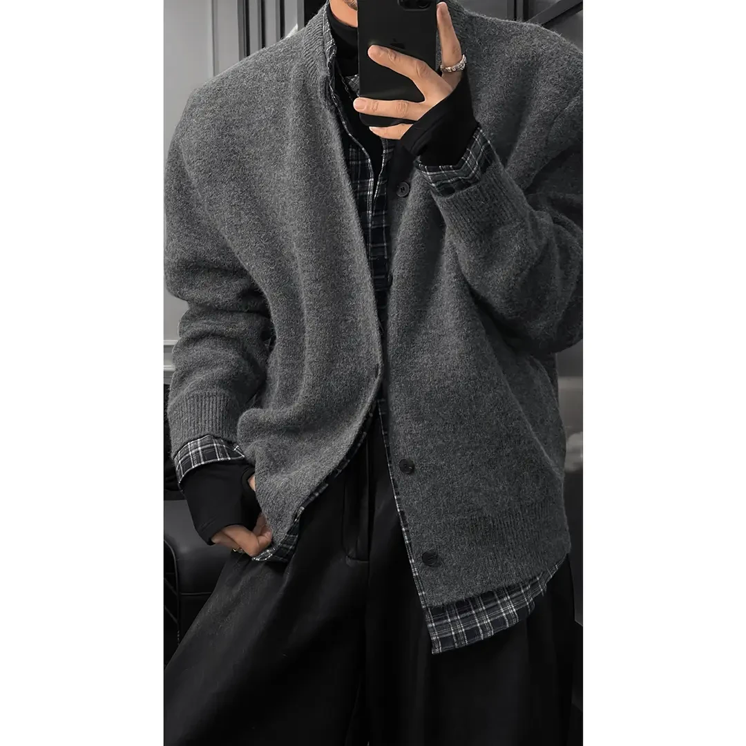 秋冬新品老钱风假两件格纹拼接长袖针织衫慵懒休闲开衫外套