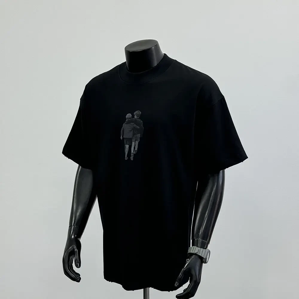 2025年夏季新款美式潮牌纯棉小领口短袖磨破设计上衣黑色T恤T1594