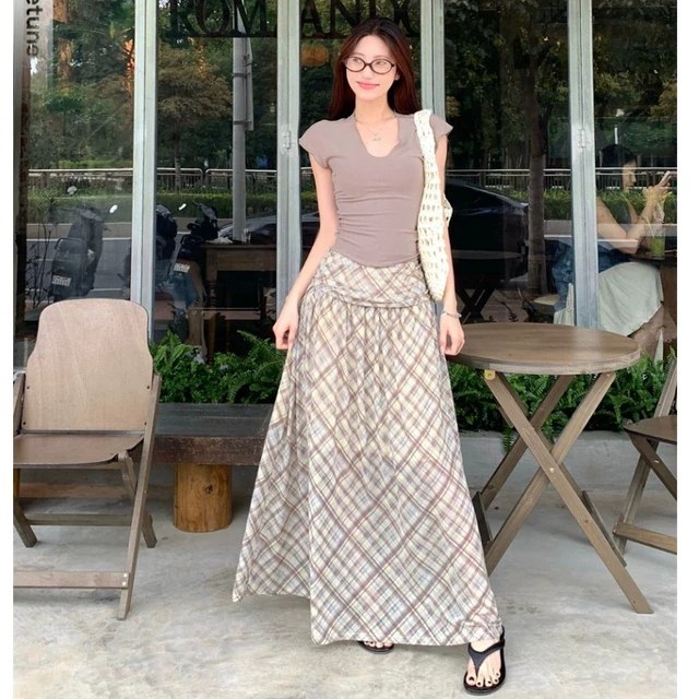 美式复古条纹半身裙女夏季新款松紧腰弹力紧身a字木耳边大摆长裙