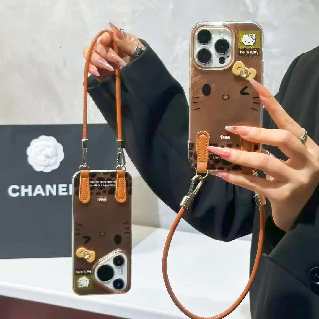 棕色凯蒂表情挂绳适用苹果17冰川16手机壳oppo华为vivo小米创意