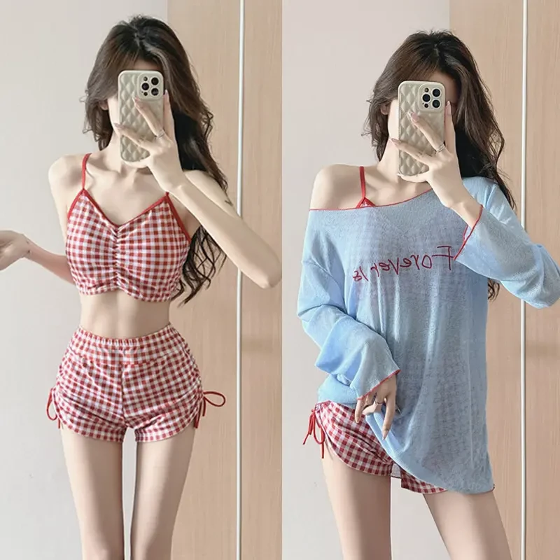 分体泳衣女三件套多巴胺大码微胖mm遮肚显瘦保守罩衫温泉度假泳装