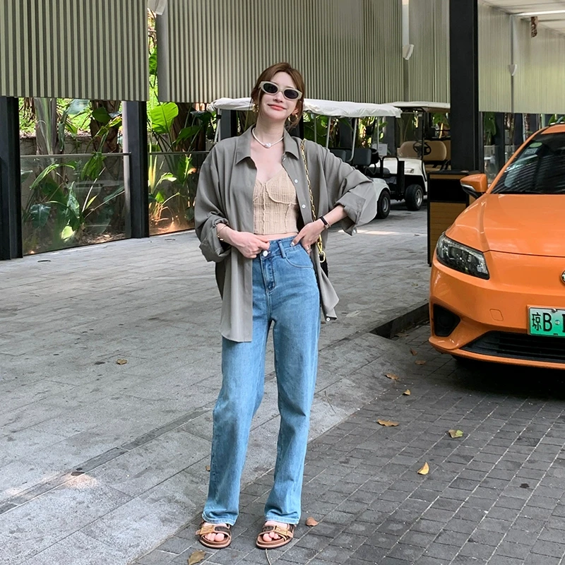 【夏日莱卡】气质休闲直筒裤女减龄显瘦直腿牛仔裤 QK231075