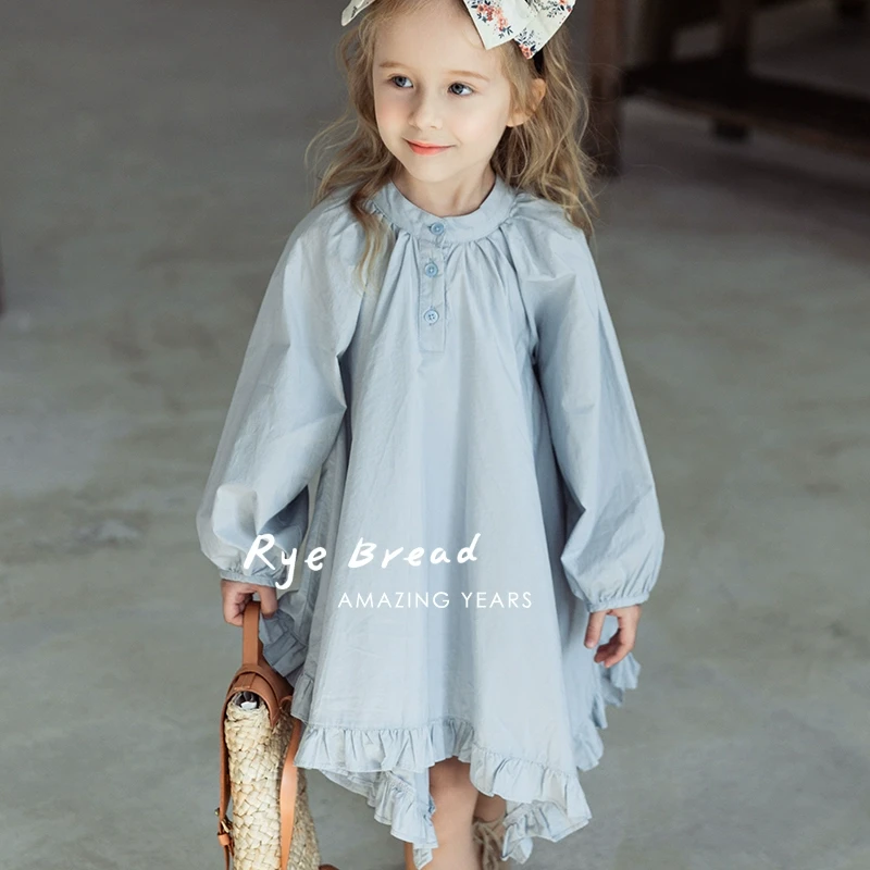 ryebread/黑面包童装 韩系纯色女小童长袖不规则下摆连衣裙 5春