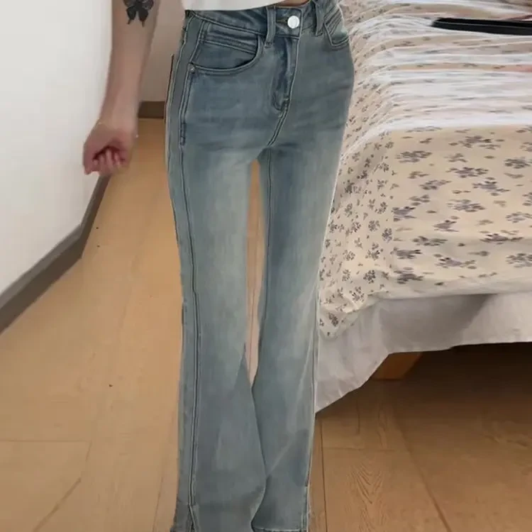 041高腰牛仔裤女修身浅色马蹄裤春夏新款喇叭裤
