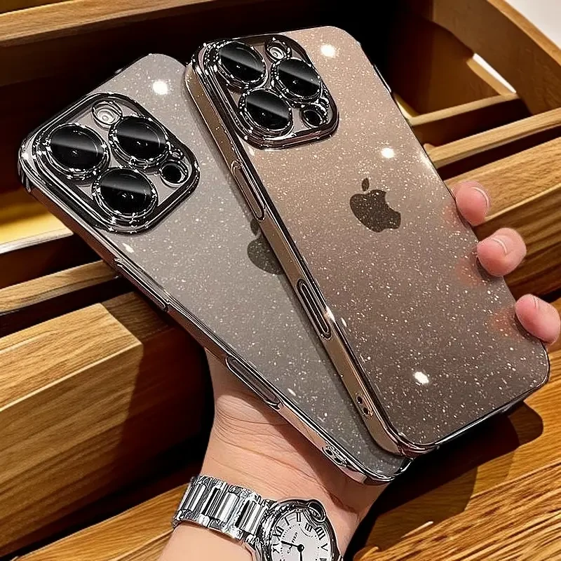 适用于苹果16透明电镀iPhone14带镜头膜13ProMax时尚闪粉12个性15