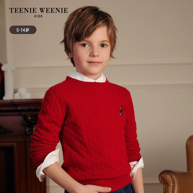 TeenieWeenie Kids小熊童装25纯色圆领绞花山羊绒毛衣TKKW251104B