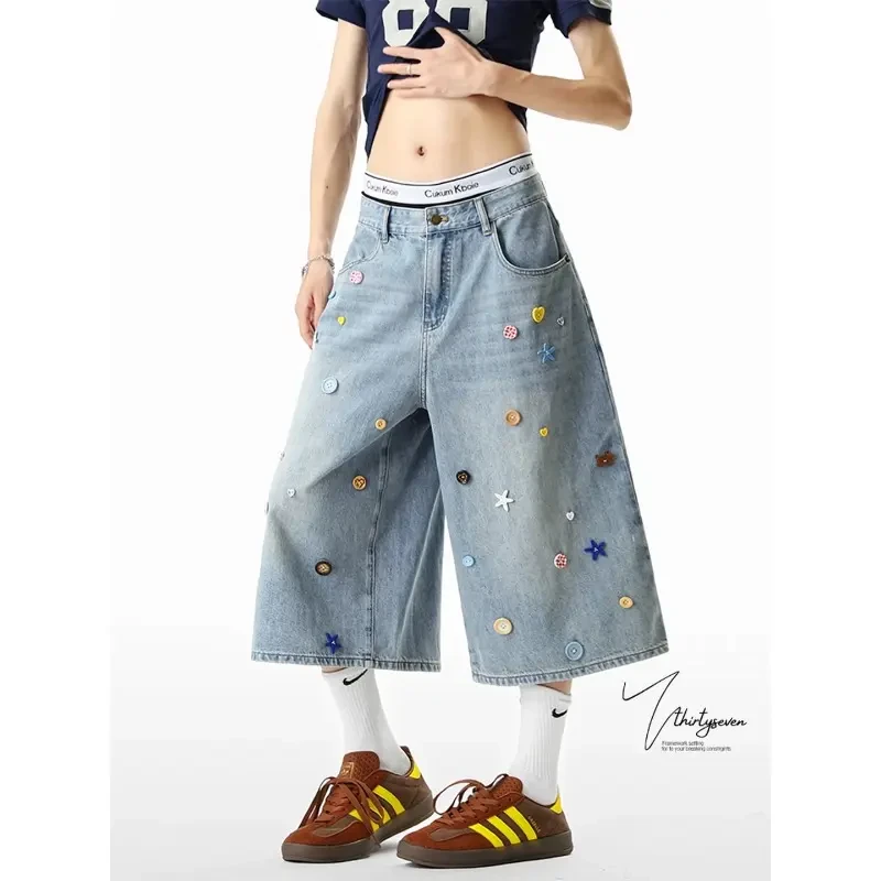 彩色纽扣七分牛仔裤男女美式设计感直筒中裤cleanfit水洗短裤潮牌