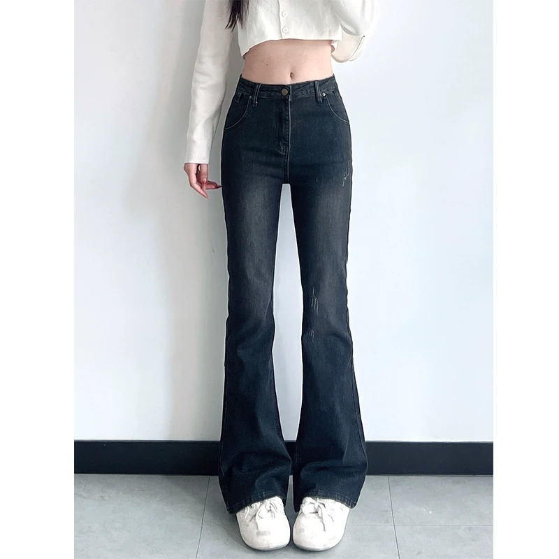 春季新款复古蓝色高腰显瘦紧身微喇叭175高个子加长拖地牛仔裤女