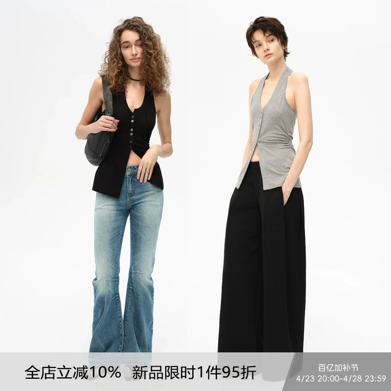 SMIIILE原创莱赛尔天丝羊毛不对称开襟绑带抽褶背心无袖上衣女