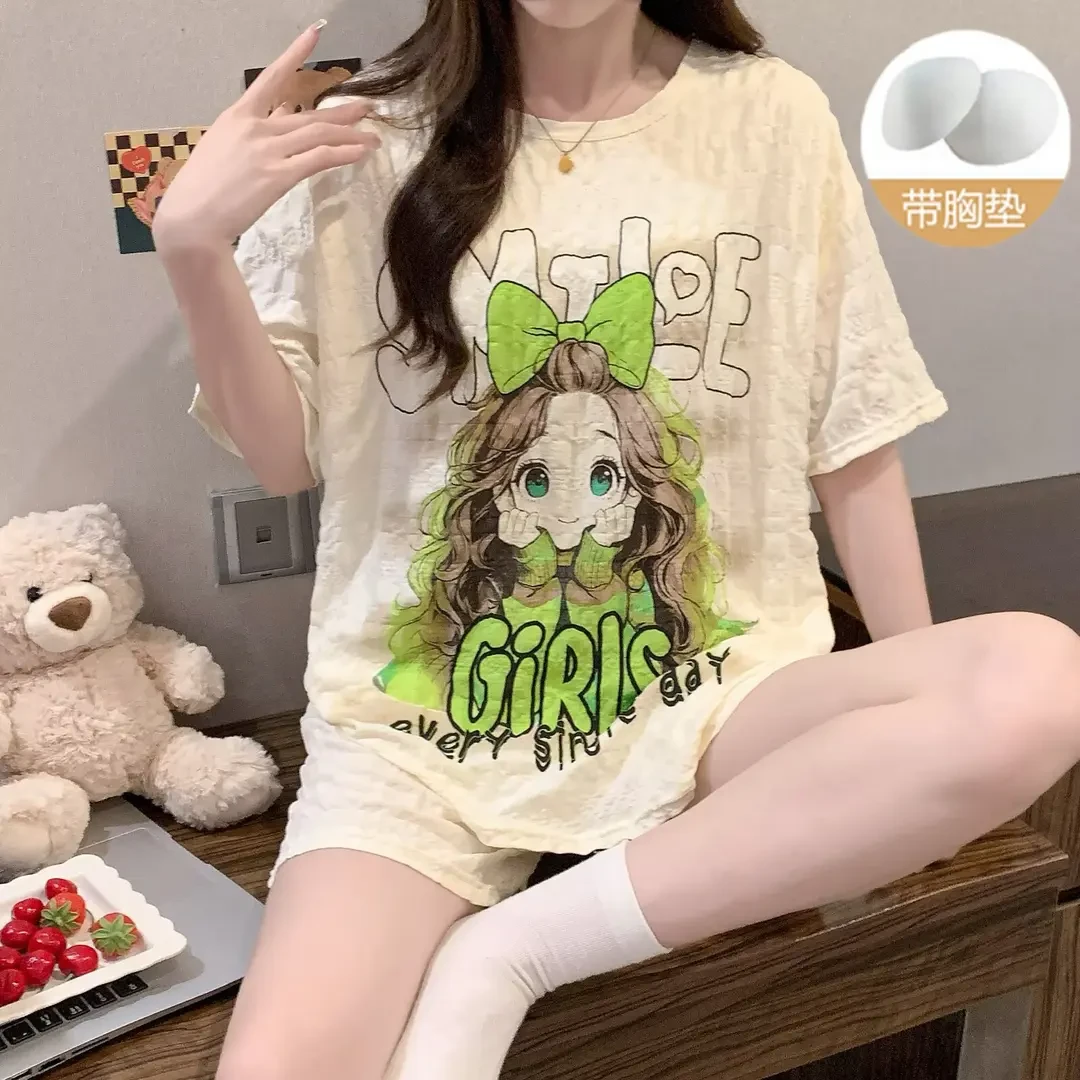 带胸垫云朵棉夏季睡衣女士短袖短裤宽松可外穿休闲卡通女孩家居服