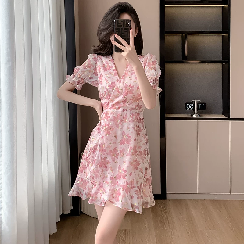 碎花雪纺连衣裙子女装夏季年新款小个子收腰气质甜美仙女薄款