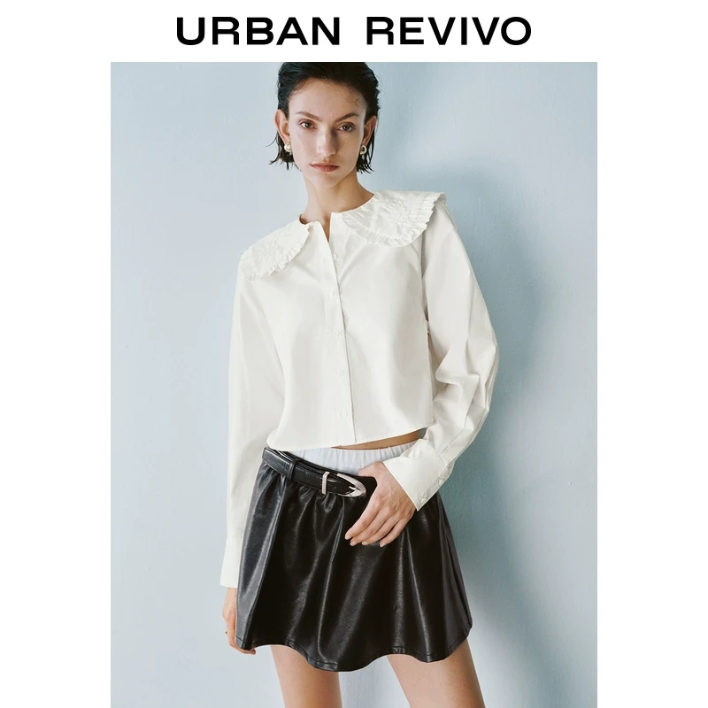 UR2025春季新款女装欧若风气质荷叶娃娃领长袖开襟衬衫UYU250014