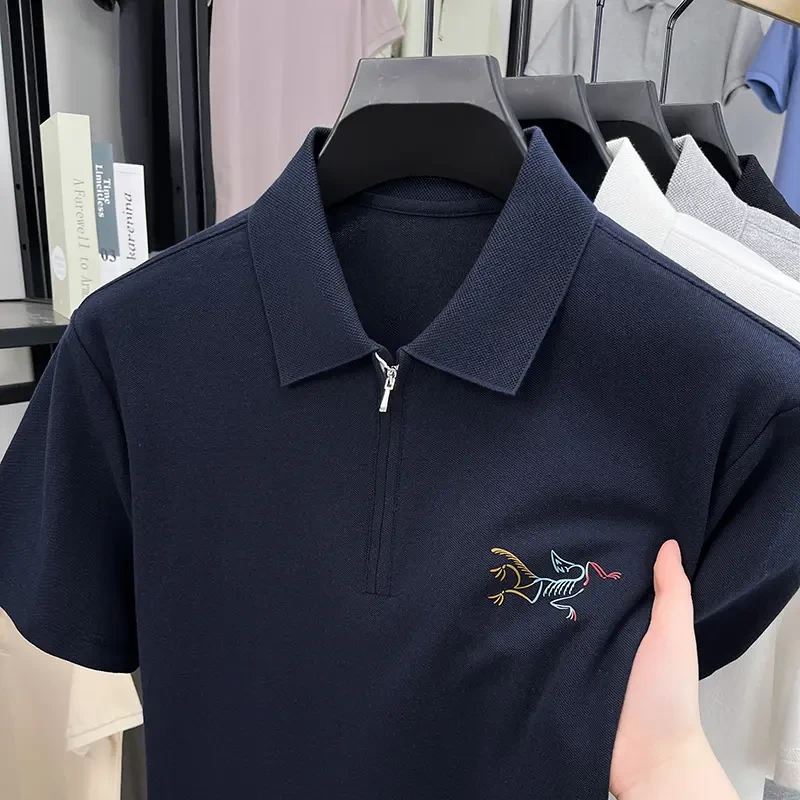 奥莱撤柜鸟刺绣POLO衫高端拉链短袖T恤男夏季百搭休闲翻领上衣薄