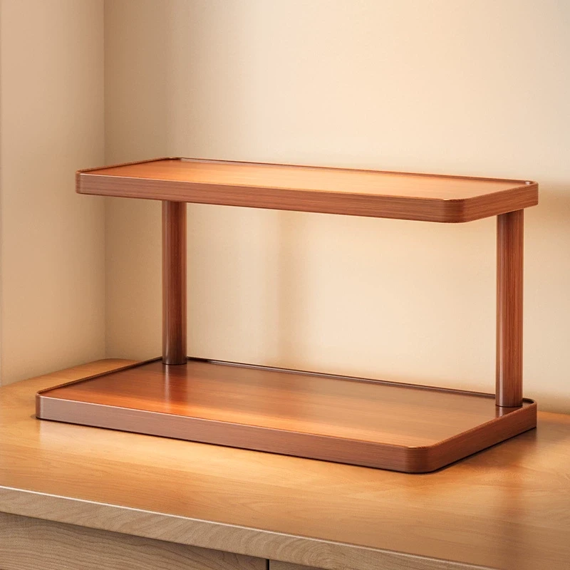 桌面置物架杂物收纳办公桌实木收纳架双层化妆品收纳整理展示架LW