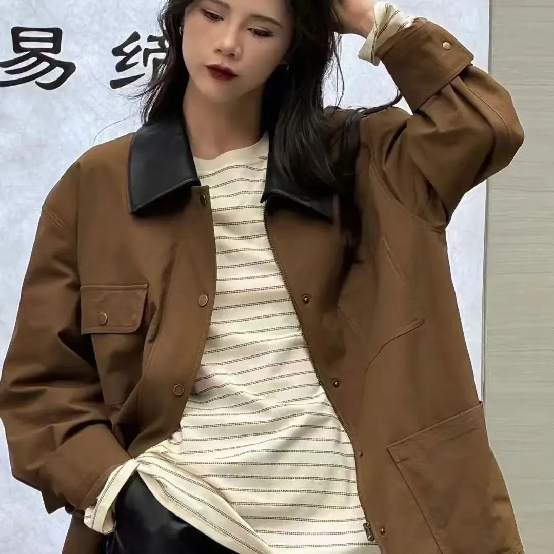 翻领拼色直下摆女常规款短外套百搭休闲假两件女装
